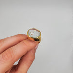 Hand Crafted 18kt Yellow gold ring with a clear umbrella cut Aquamarine stone. Available with an array of other gemstones for a personalized touch.
18 kt Yellow Gold
Aquamarine
Hand-Crafted
Available in a variety of gemstones