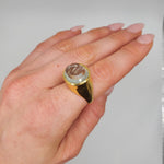 Hand Crafted 18kt Yellow gold ring with a clear umbrella cut Aquamarine stone. Available with an array of other gemstones for a personalized touch.
18 kt Yellow Gold
Aquamarine
Hand-Crafted
Available in a variety of gemstones