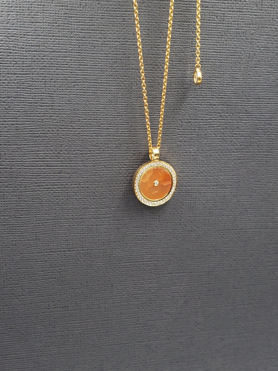 CARNELIAN WITH DIAMONDS & SAPPHIRES SUN PENDANT NECKLACE