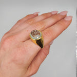 Hand Crafted 18kt Yellow gold ring with a clear umbrella cut Aquamarine stone. Available with an array of other gemstones for a personalized touch.

18 kt Yellow Gold
Aquamarine
Hand-Crafted
Available in a variety of gemstones