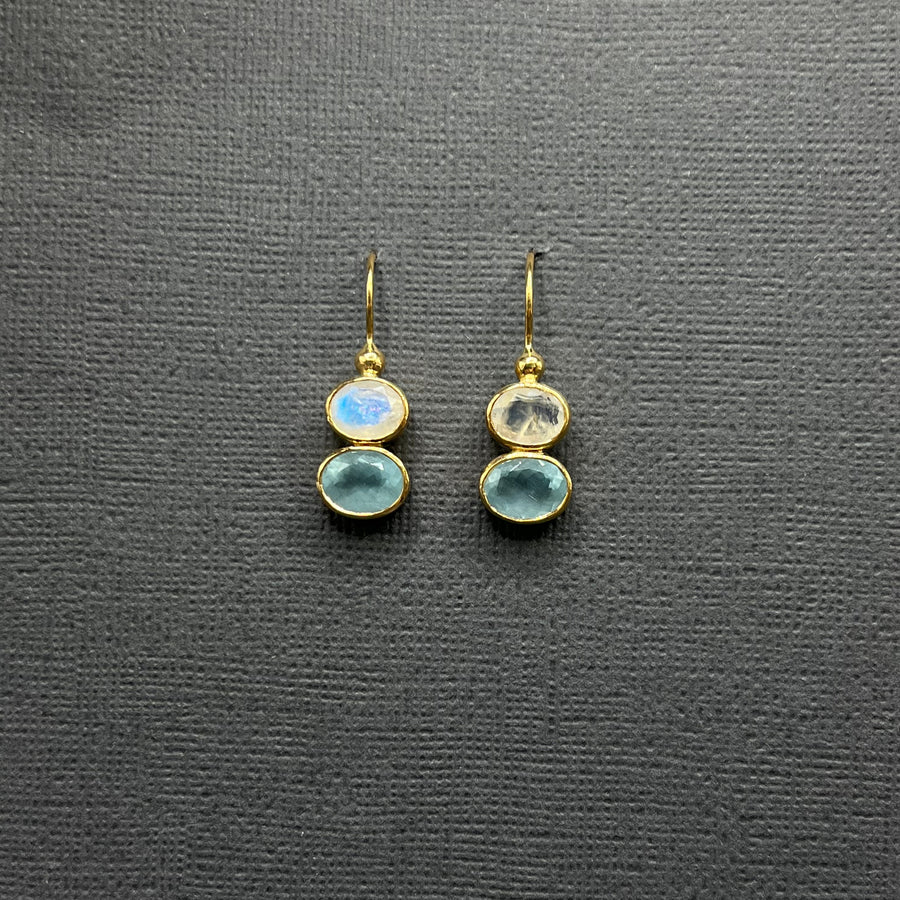 MOONSTONE AQUAMARINE GOLD EARRINGS