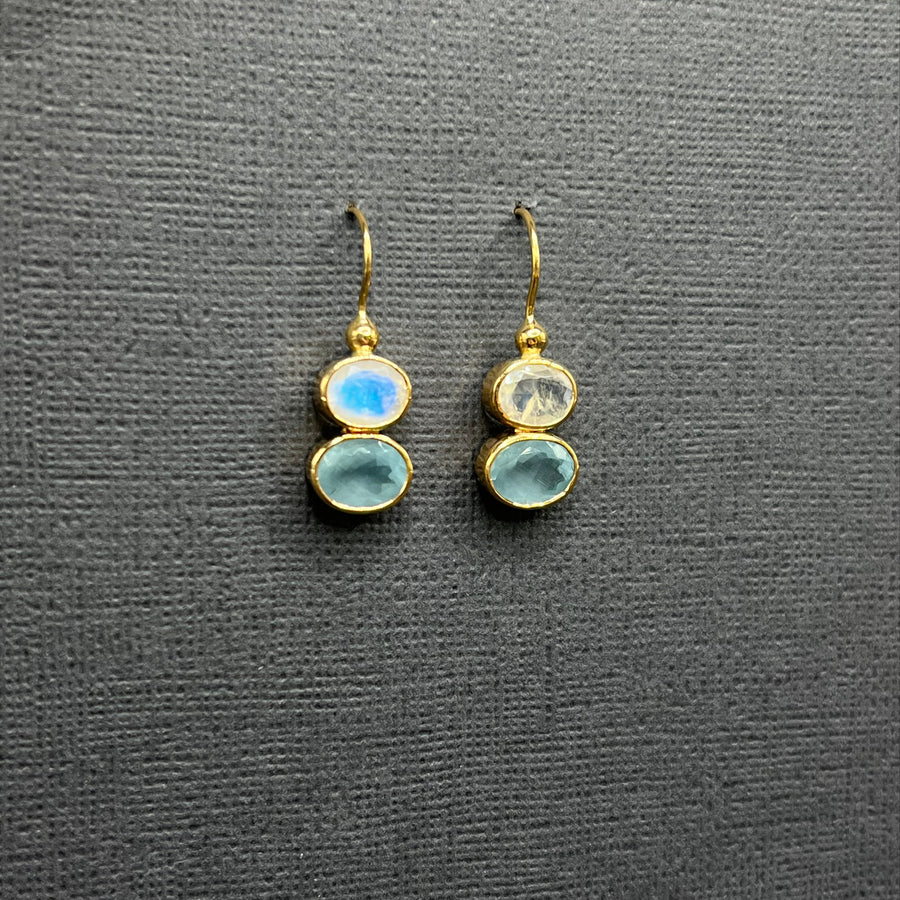 MOONSTONE AQUAMARINE GOLD EARRINGS