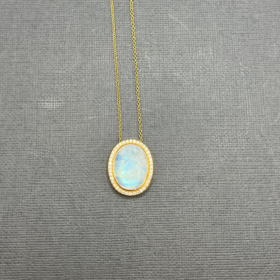 MOONSTONE AND DIAMOND PENDANT NECKLACE