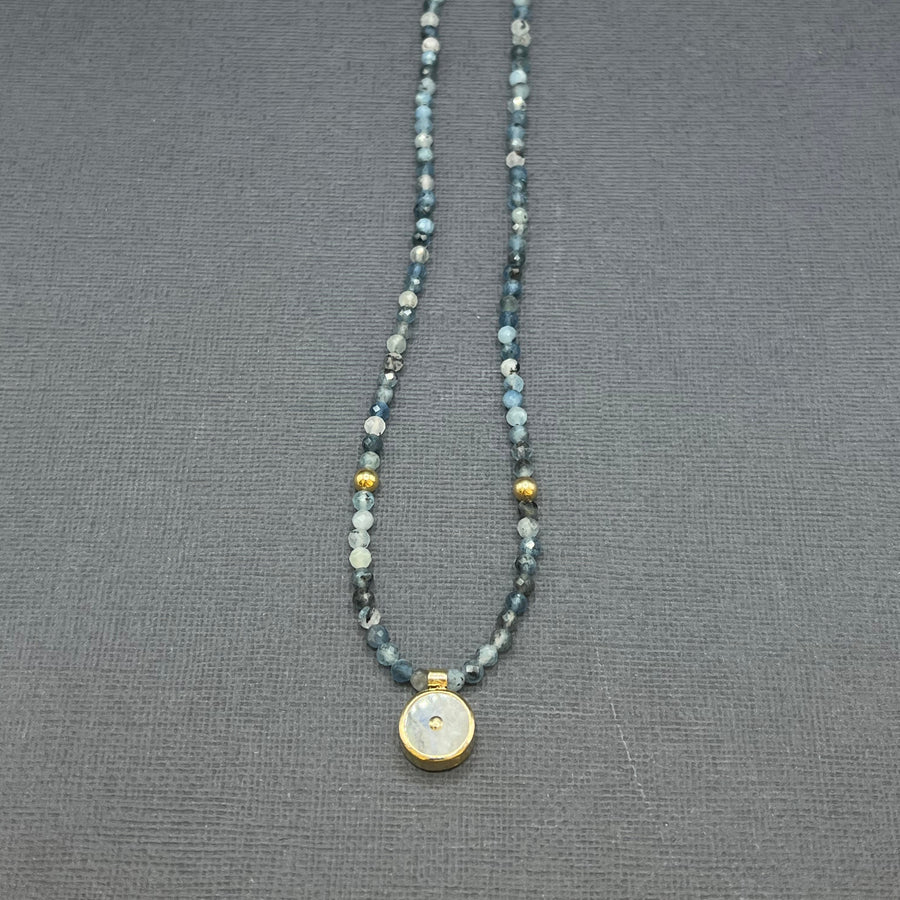 AQUAMARINE BEADED NECKLACE WITH MOONSTONE SUN