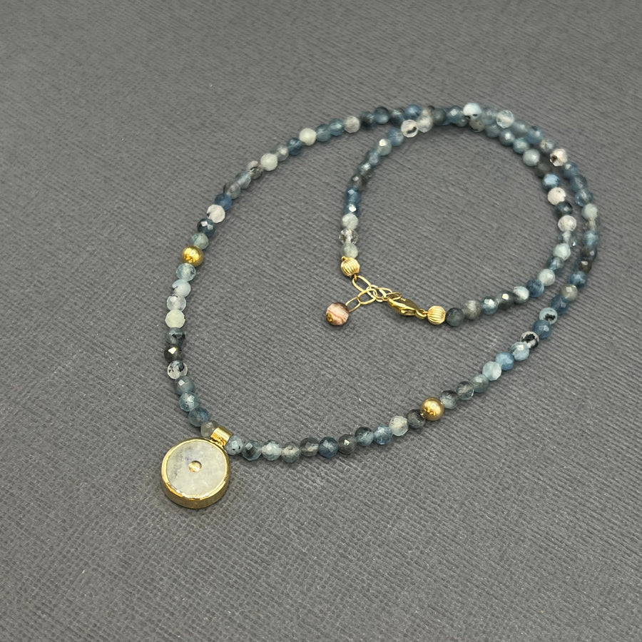 AQUAMARINE BEADED NECKLACE WITH MOONSTONE SUN