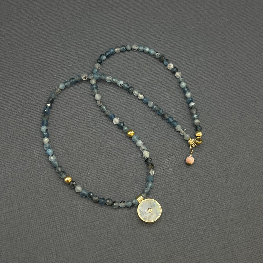 AQUAMARINE BEADED NECKLACE WITH MOONSTONE SUN