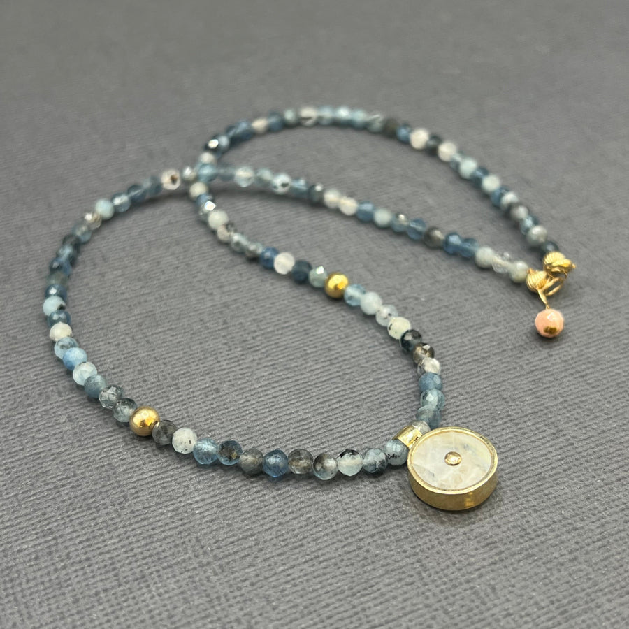 AQUAMARINE BEADED NECKLACE WITH MOONSTONE SUN