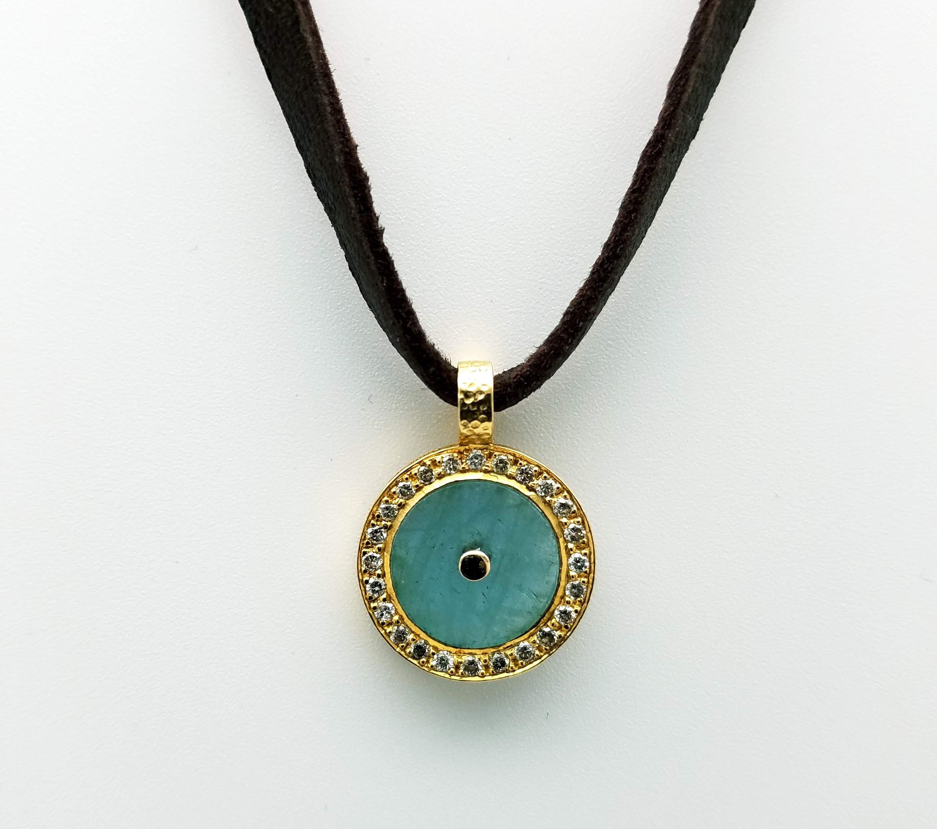 AQUAMARINE DIAMONDS LEATHER SUN GOLD NECKLACE SONIA TONKIN