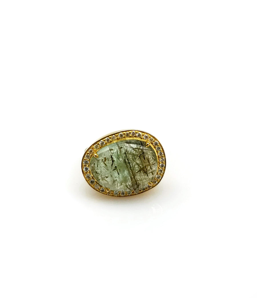 GREEN BERYL PAVE DIAMOND GOLD RING